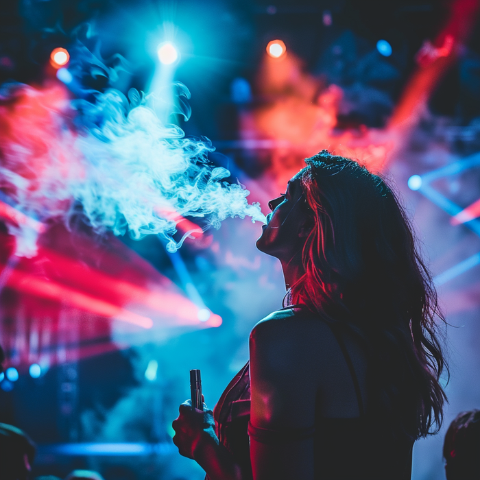 A woman vaping at an event with colourful lights behind her