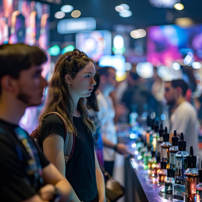 A woman and a man are standing at the vaping expo with bottles of e-liquid in front of them