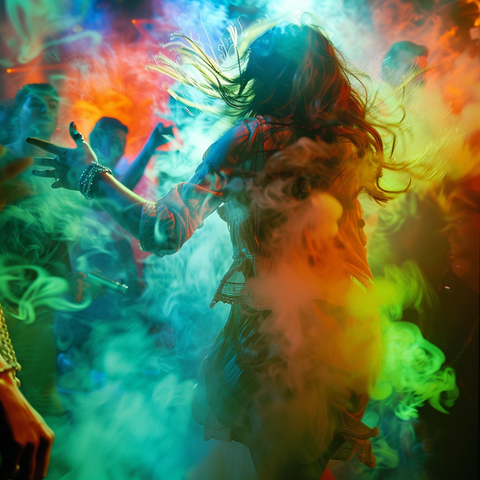 People dansing in colourful clouds of smoke with vapes in their hands