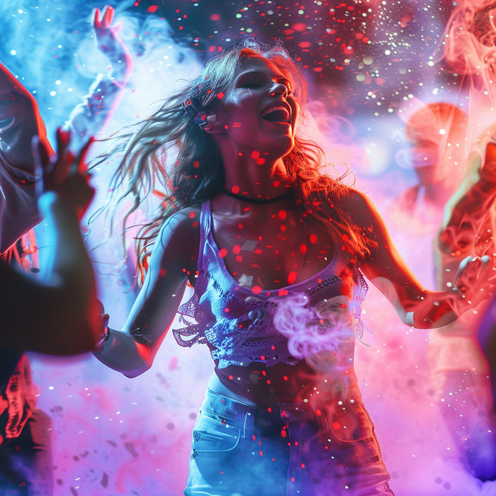 A woman dancing at a party with a colourful background