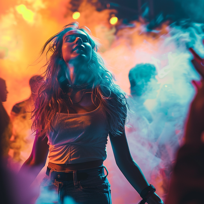 Woman dancing in a cloud of vapour at a festival