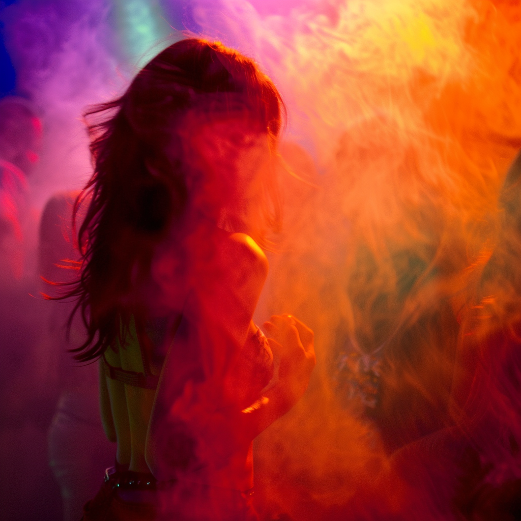Image shows a woman standing in a colourful cloud of vape smoke