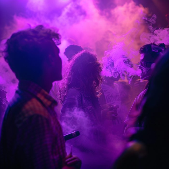 People dancing in a cloud of smoke from electronic cigarettes