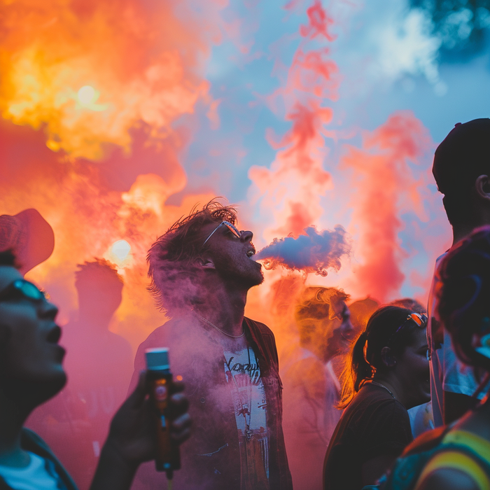 The image shows people vaping at a festival and dancing